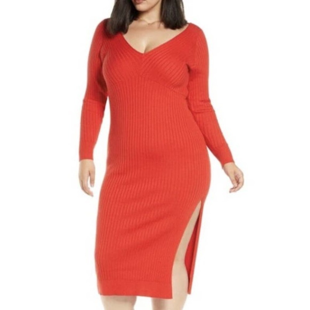 Leith Womens Ribbed Sweater Midi Dress Plus Size 2X Red V-Neck Side Slit‎ NWOT